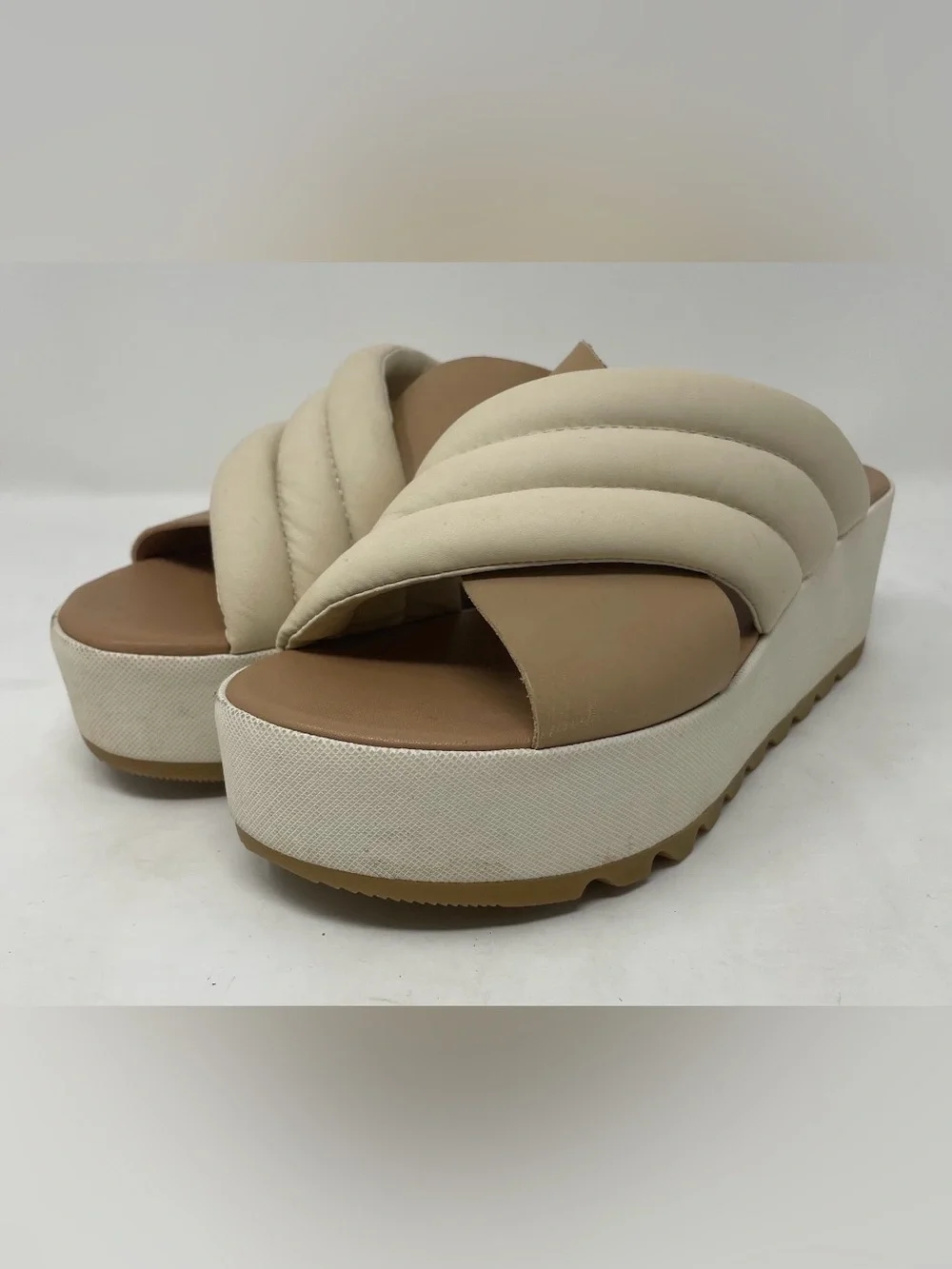 Sorel Cream and Tan Padded Platform Slide Wedge Sandal Size 6.5